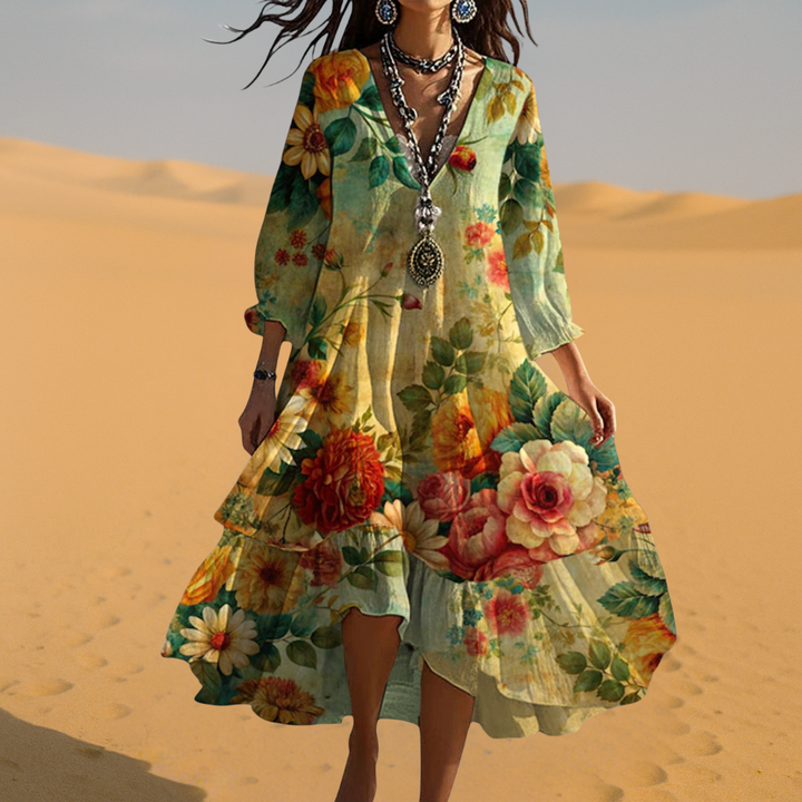 HALLIE | ELEGANT FLORAL TUMMY-COVERAGE MIDI DRESS
