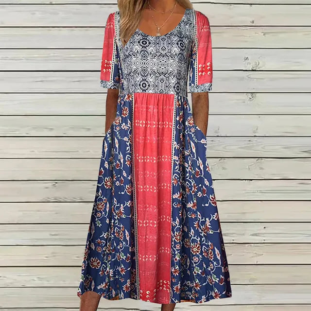 MARIA | BOHO PRINT MIDI DRESS WITH ELEGANT TUMMY COVERAGE