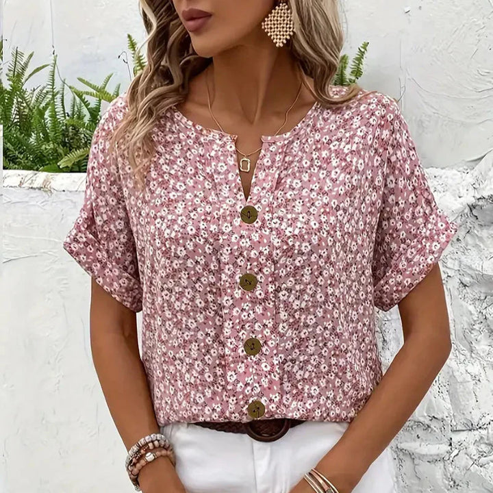VELMA | ELEGANT FLORAL TUMMY-COVERAGE BLOUSE