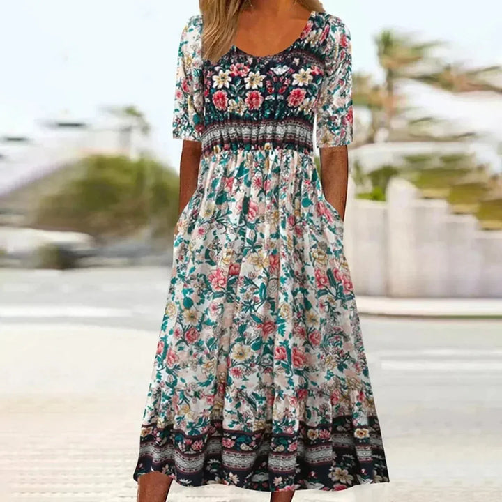 MARIA | BOHO PRINT MIDI DRESS WITH ELEGANT TUMMY COVERAGE