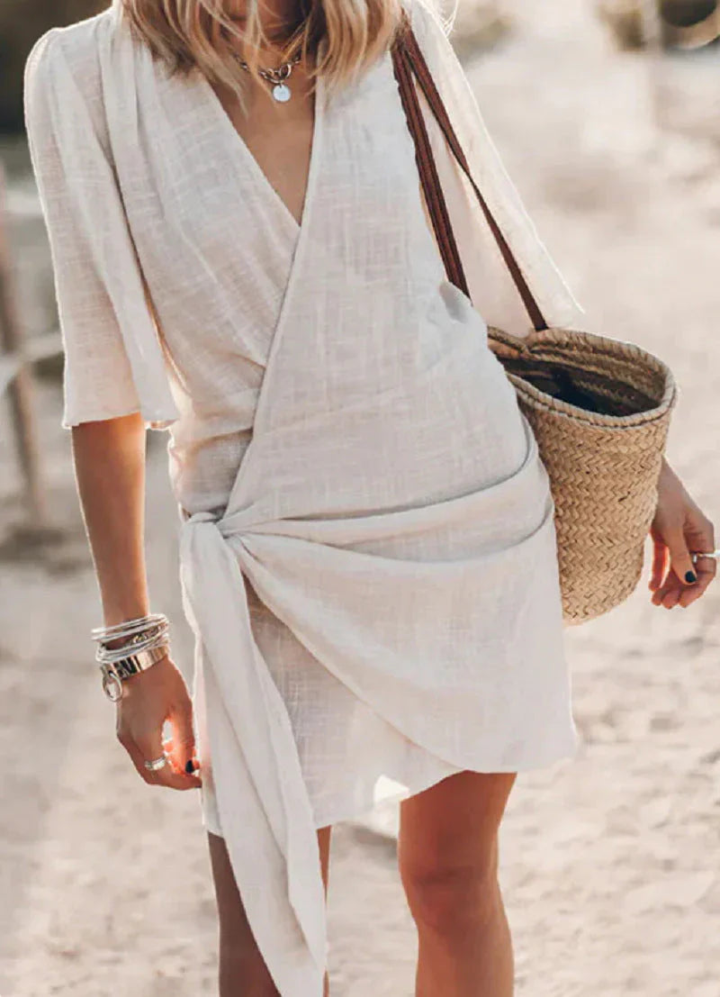 EDITH | WRAP-STYLE V-NECK TUMMY-COVERAGE MINI DRESS