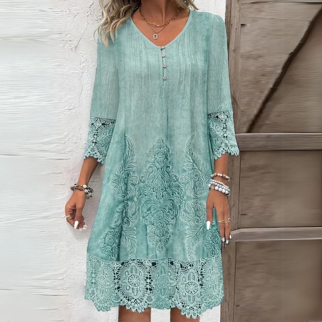 AMELINE | ELEGANT EMBROIDERED TUMMY-COVERAGE MIDI DRESS