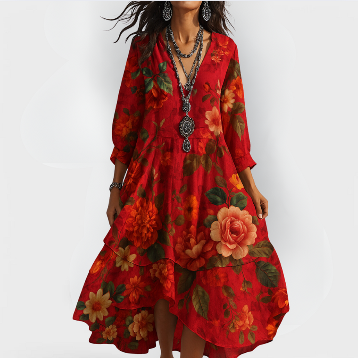 HALLIE | ELEGANT FLORAL TUMMY-COVERAGE MIDI DRESS