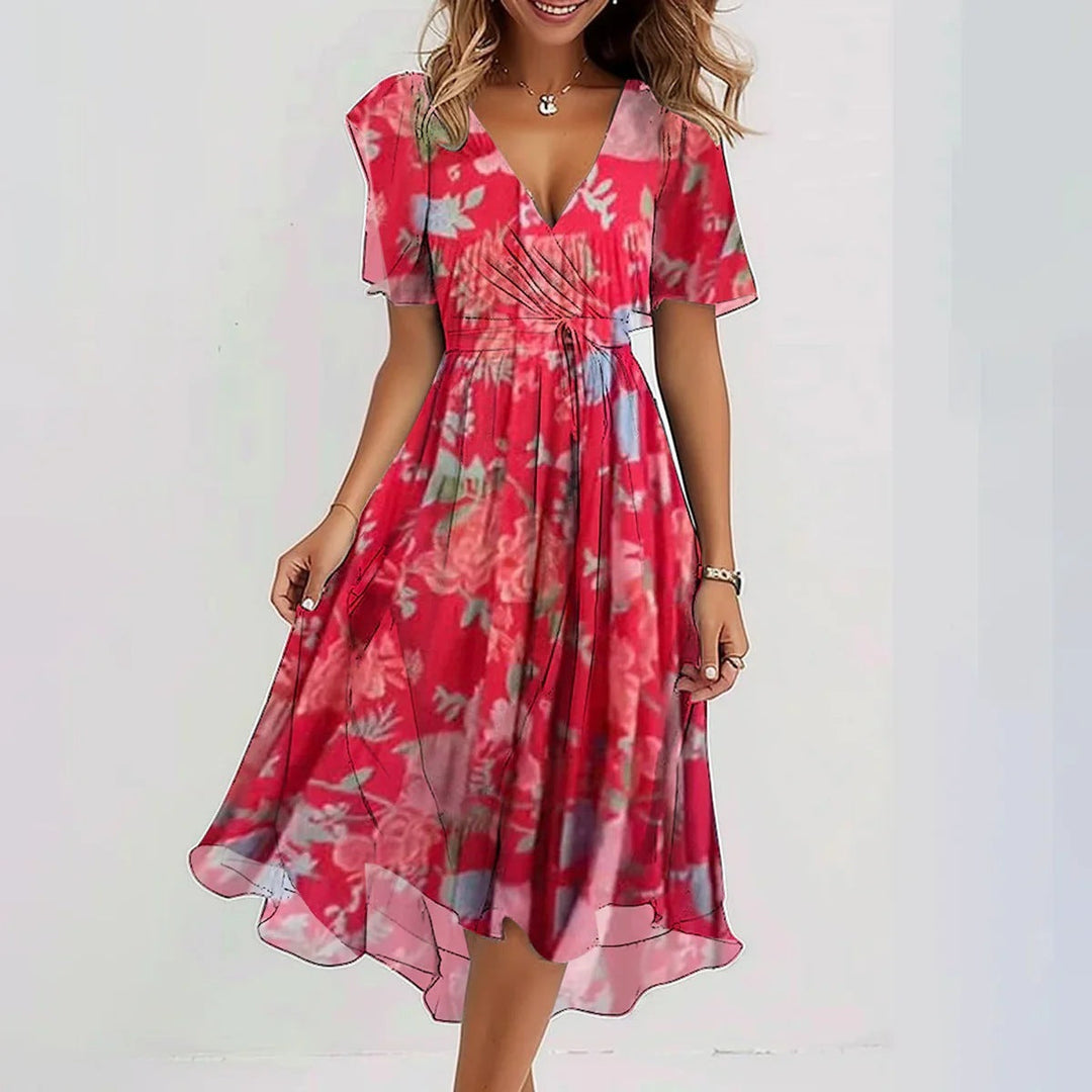 MATILDA | FLORAL WRAP TUMMY-COVERAGE MIDI DRESS