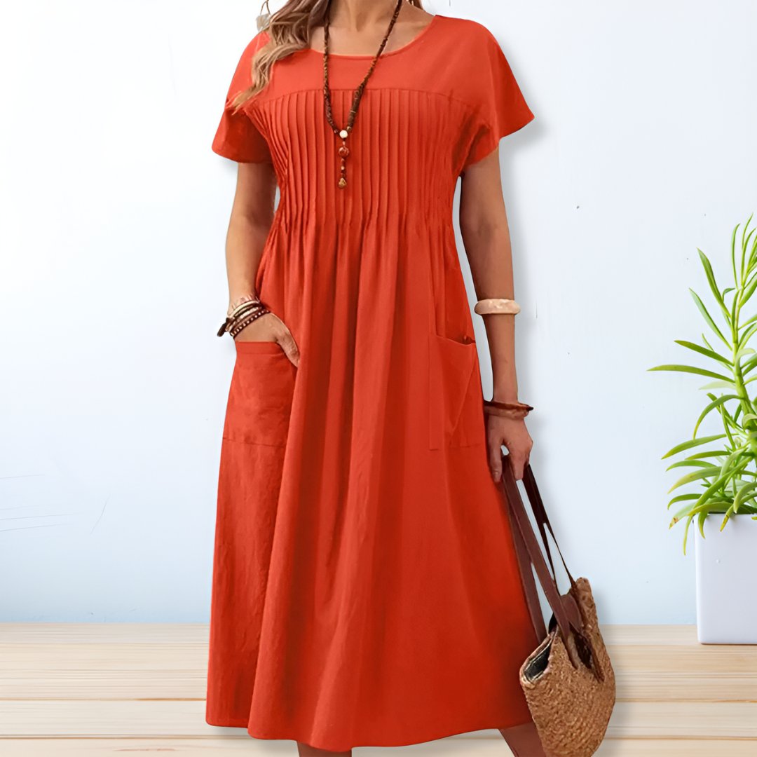 LYLA | ELEGANT PLEATED TUMMY-COVERAGE MIDI DRESS