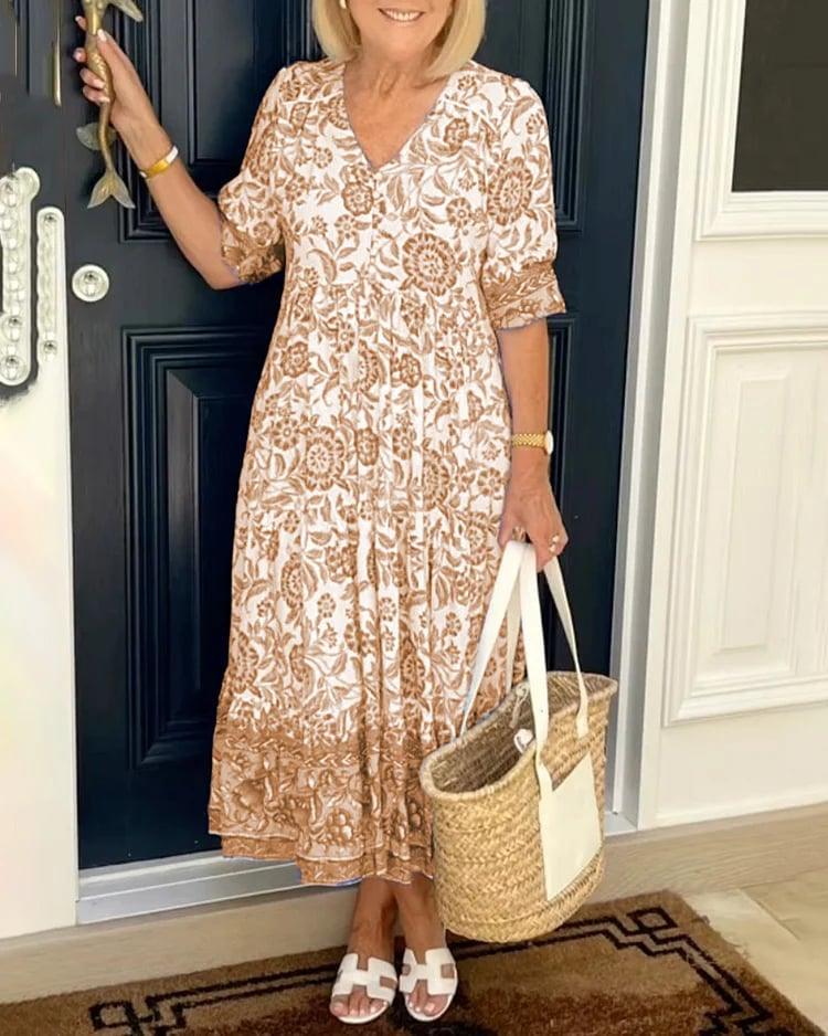 FIONA | ELEGANT FLORAL TUMMY-COVERAGE FLOWING DRESS