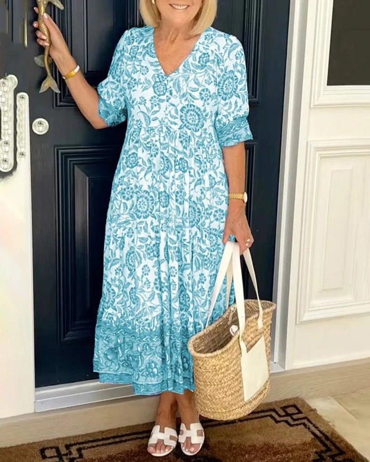 FIONA | ELEGANT FLORAL TUMMY-COVERAGE FLOWING DRESS