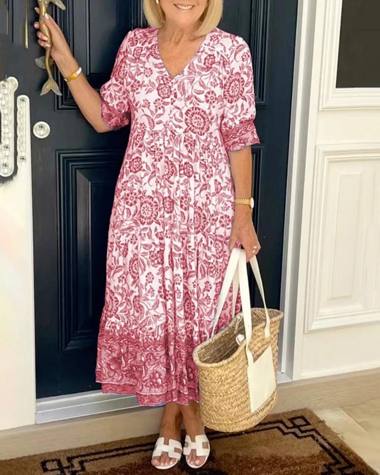 FIONA | ELEGANT FLORAL TUMMY-COVERAGE FLOWING DRESS