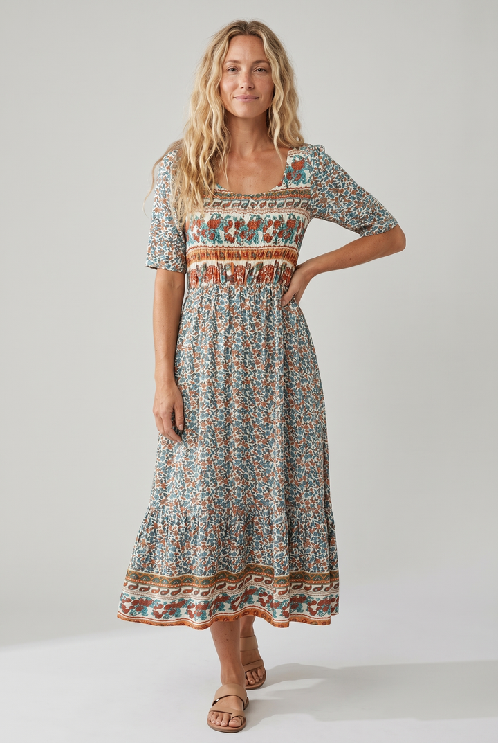 MARIA | BOHO PRINT MIDI DRESS WITH ELEGANT TUMMY COVERAGE