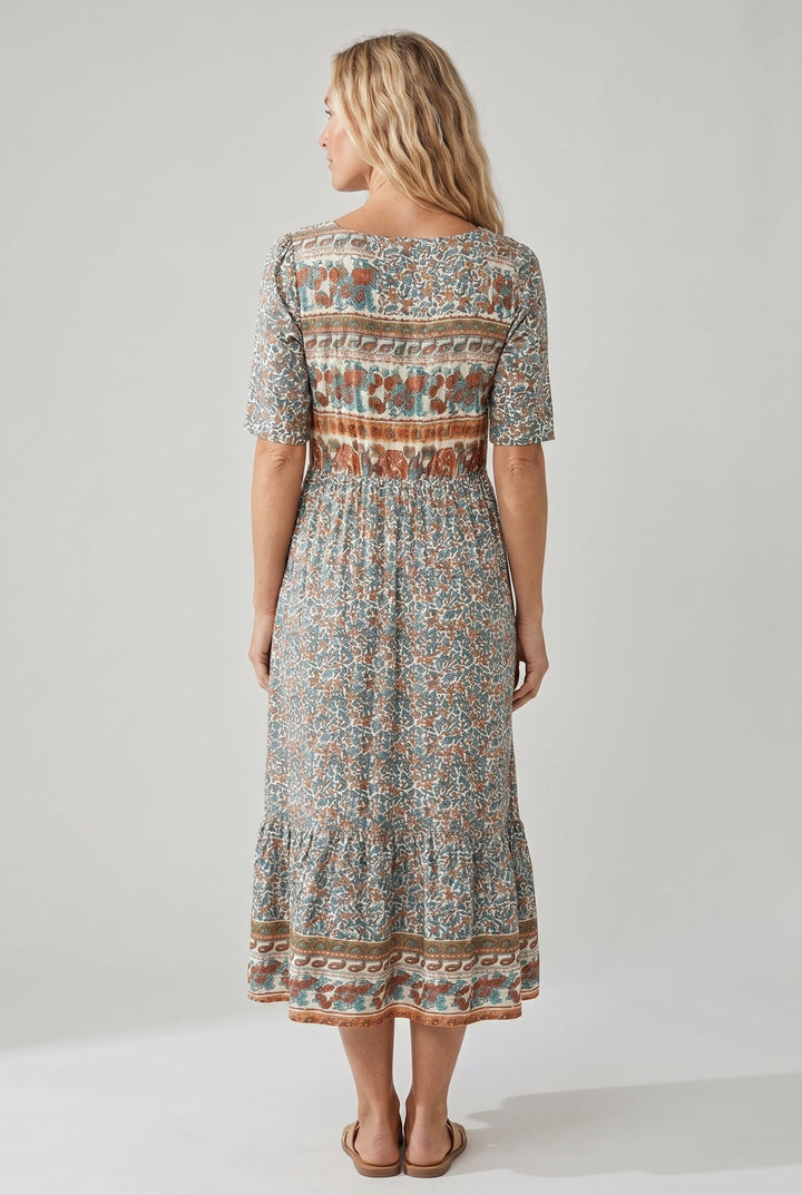MARIA | BOHO PRINT MIDI DRESS WITH ELEGANT TUMMY COVERAGE
