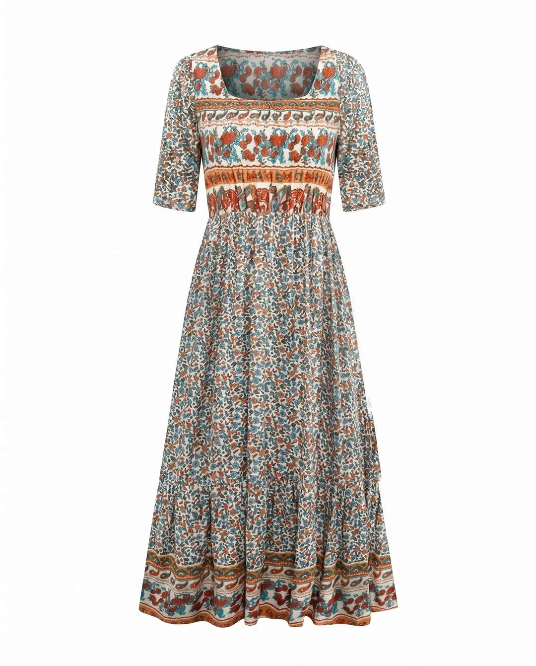 MARIA | BOHO PRINT MIDI DRESS WITH ELEGANT TUMMY COVERAGE