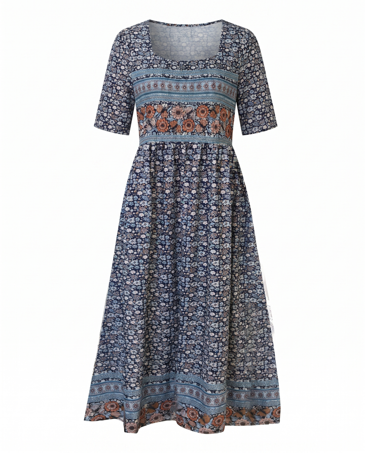 MARIA | BOHO PRINT MIDI DRESS WITH ELEGANT TUMMY COVERAGE