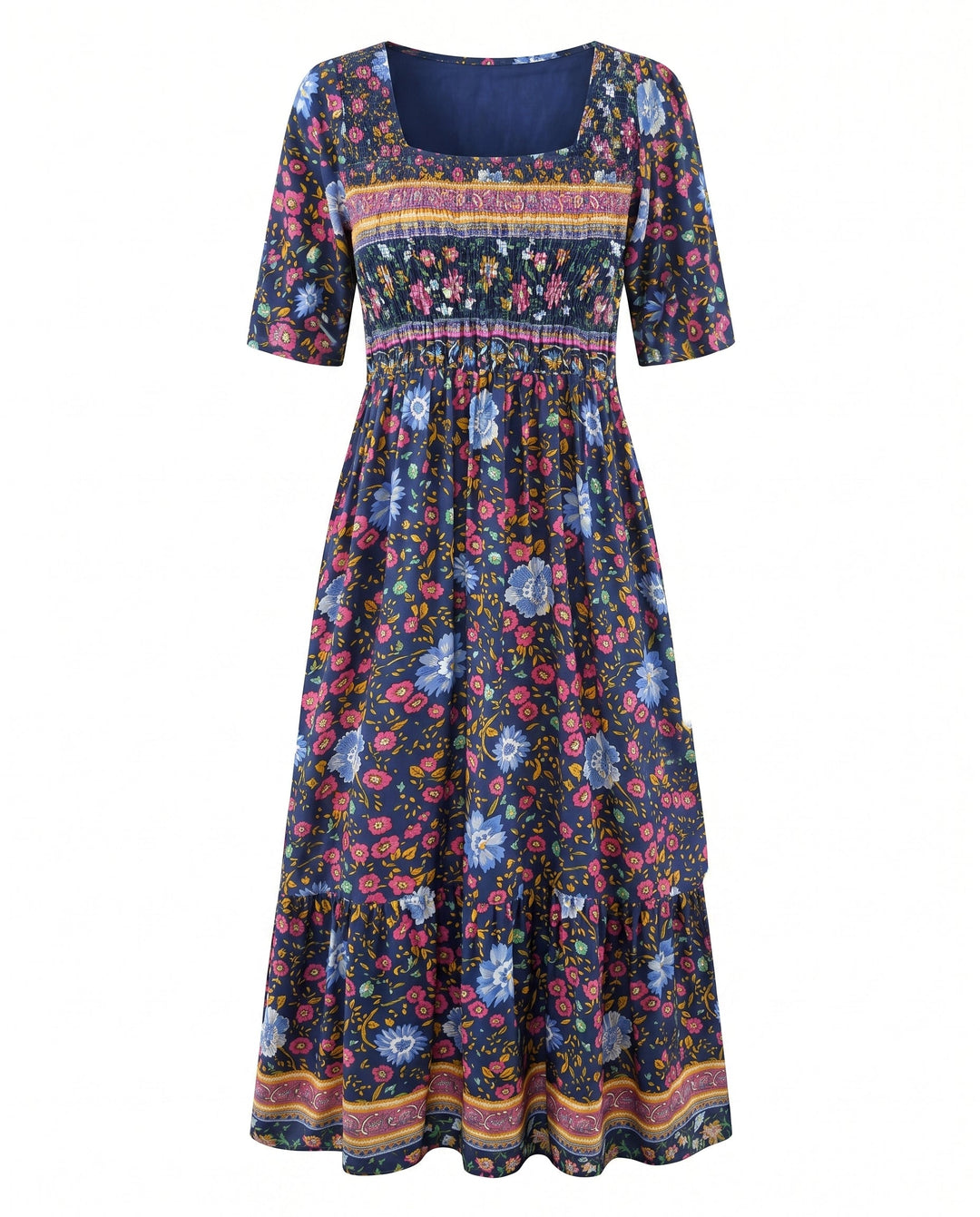 MARIA | BOHO PRINT MIDI DRESS WITH ELEGANT TUMMY COVERAGE