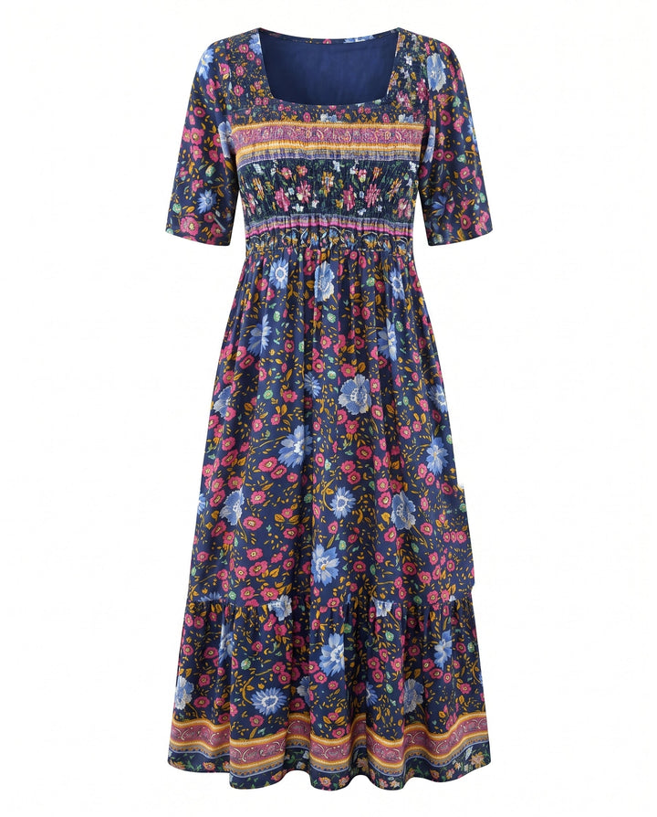 MARIA | BOHO PRINT MIDI DRESS WITH ELEGANT TUMMY COVERAGE
