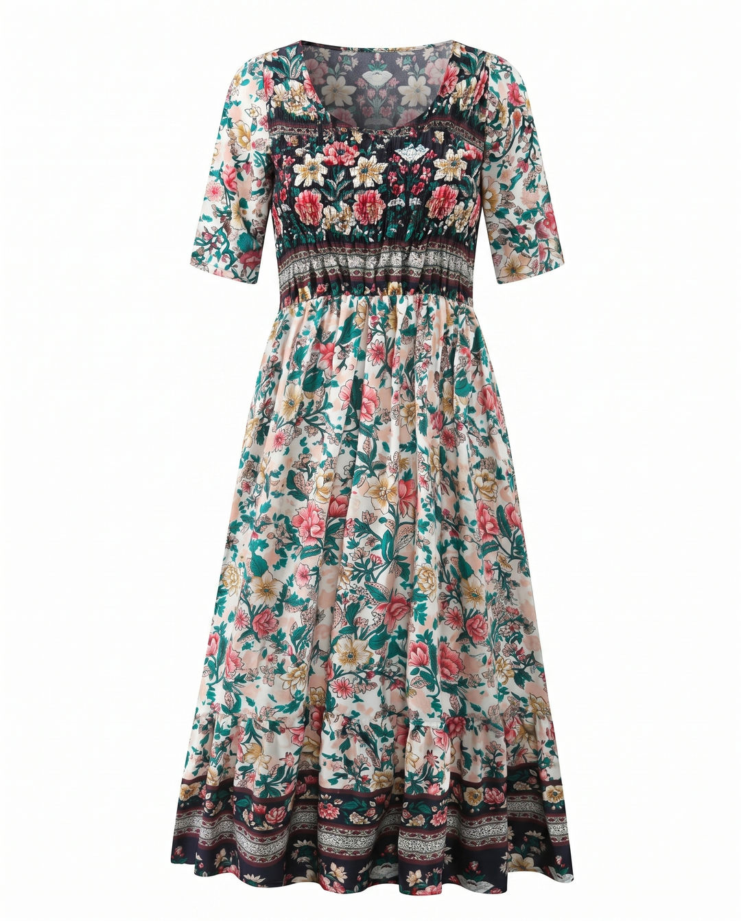 MARIA | BOHO PRINT MIDI DRESS WITH ELEGANT TUMMY COVERAGE